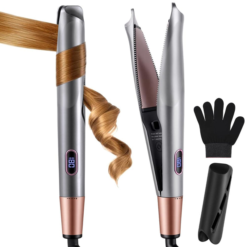 Aomig 2 in 1 Hair Straightener and Curler Fast Heating Curling Iron Home & Travel Curling Wand Mini Hair Curlers Hair Straighteners for Women 100-230°C for Straighten Curl All Hair Types(Dark Gray) Upgraded Direct-Plug Style-Dark Gray