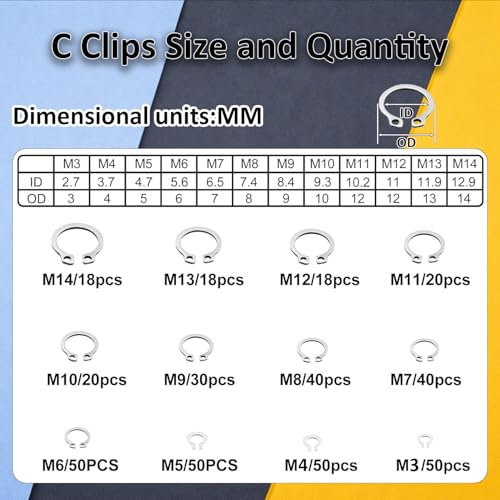 850Pcs C clip External Retaining Rings Snap Rings Assortment(M3-M14) and E clip Assortment Set(M1.2-M10),5Pcs Snap Ring Plier,Tweezer,24 Sizes 304 Stainless Steel Circlip Retaining Clip Stainless Steel 850PCS