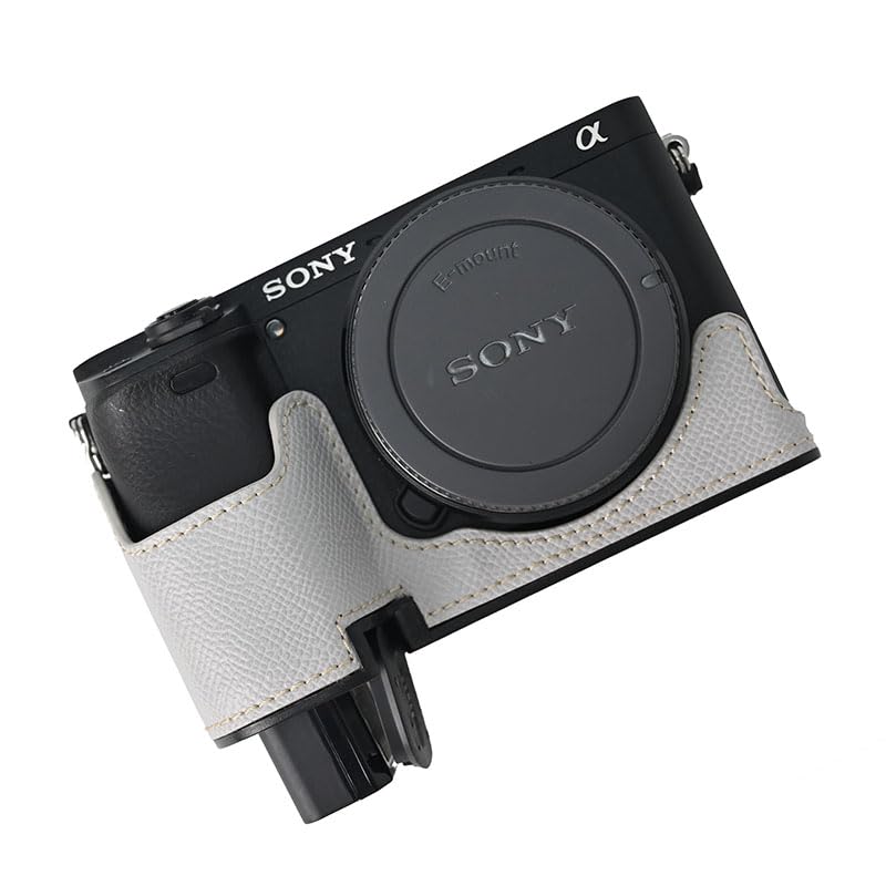 A6400 Case, BMAOLLONGB Handmade PU Leather Half Camera Case Bag Cover Bottom Opening Version for Sony Alpha A6400 with Hand Strap (White) White