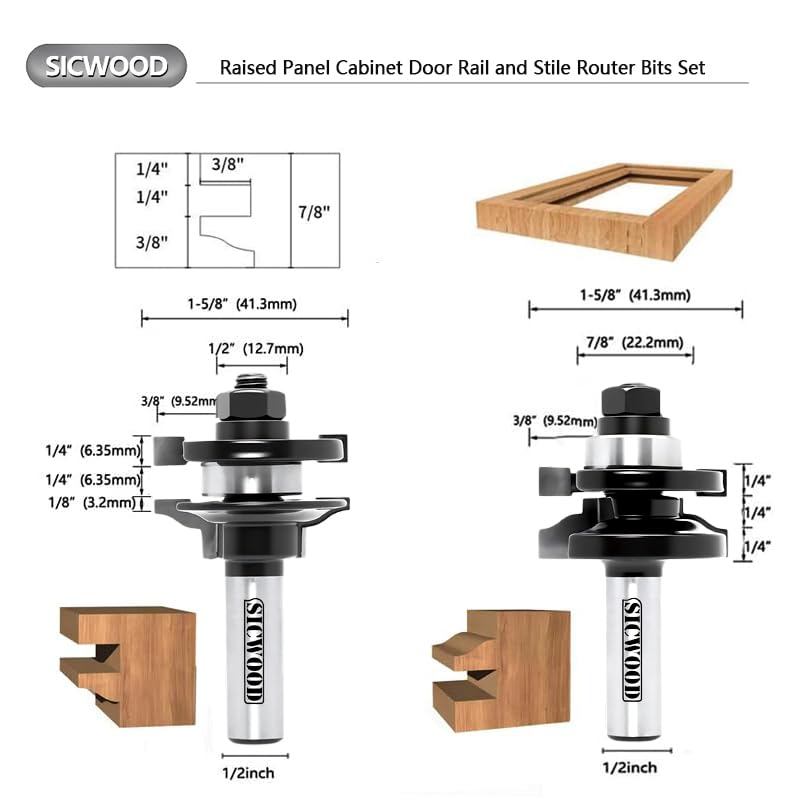 3PCS Cabinet Door Raised Panel Router Bits Set 1/2 Shank, Carbide Woodworking Tools, for Making Door & Window Frames, (Tenon Joint Cutter Diameter: 1-5/8")