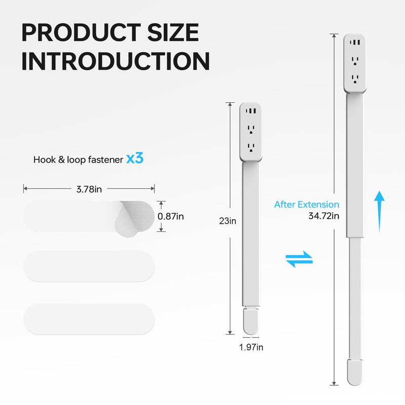 35 Inch Retractable Power Extender Strip, 180° Rotating Plug | Extend 23 to 35 inches, Access Hard-to-Reach Socket, Designed for Behind Couches, Nightstands, Desks, and More White