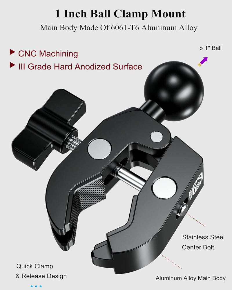 BRCOVAN Aluminum Alloy Handlebar Clamp Mount Base with 1'' TPU Ball for Rails 0.5'' to 1.75'' in Diameter, Compatible with RAM Mounts B Size Double Socket Arm & Bike Motorcycle Phone Mount Holder