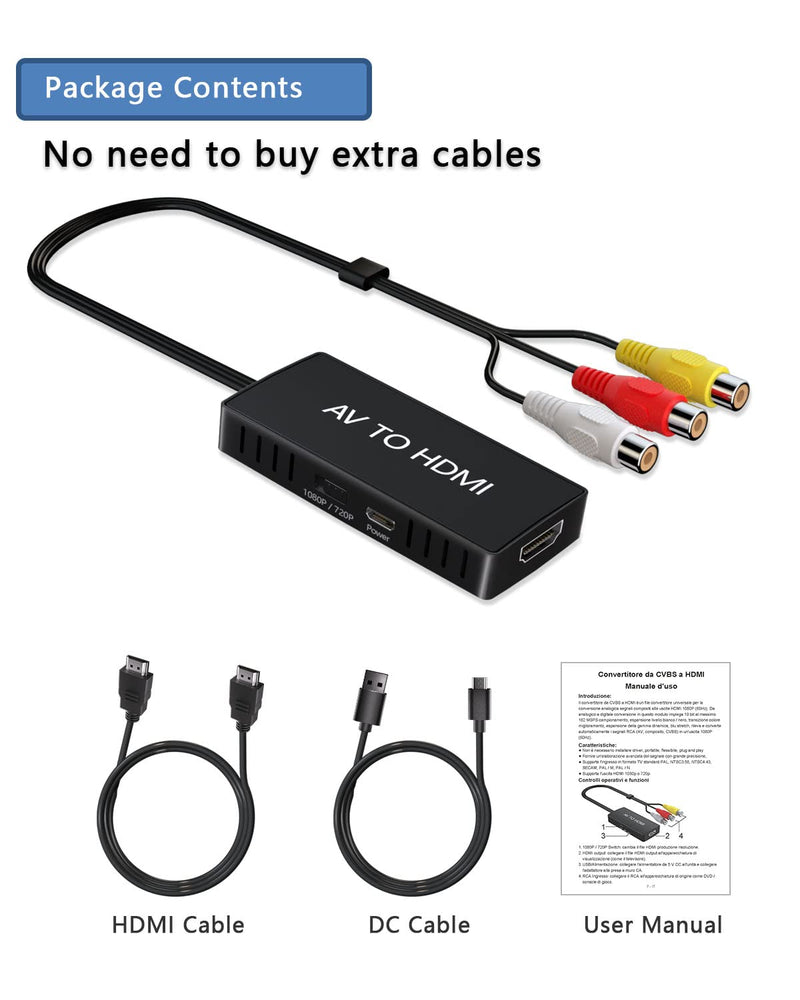 RCA to HDMI Converter, AV to HDMI Converter, 1080P Mini Composite to HDMI Adapter, Support PAL/NTSC for PC, Laptop, TV, WII, PS1, PS2, PS3, STB, VHS, VCR, Blue-Ray DVD Players RCA to HDMI