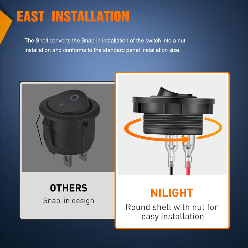 Nilight 5PCS Round Rocker Switches w/Wiring Harness SPST Switch Holder 20mm 12Volt 2 Pin Pre-Wired Waterproof Toggle Switch Shell for Switch Panel Car Automotive RV Trucks Boats,2 Years Warranty 5PCS Switch + Switch Holder