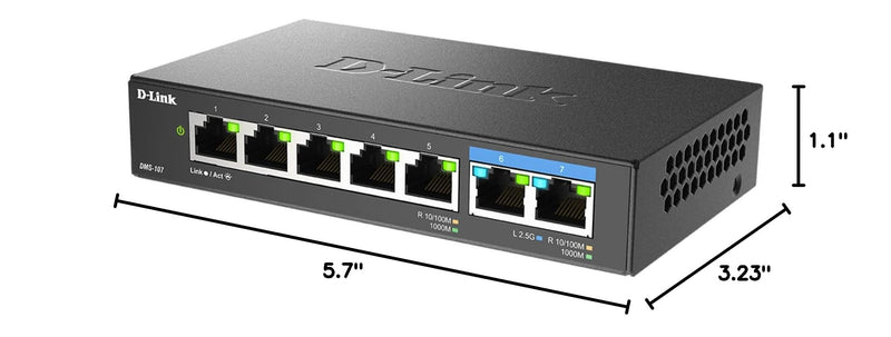 D-Link 7-Port 2.5GB Unmanaged Gaming Switch with 2 x 2.5G, 5 x 10/100/1000 Mbps - Multi-Gig, Network, Fanless, Plug & Play (DMS-107) Black 7-Port, 2 x 2.5G, 5 x 1000/100 Multi-Gig Switch