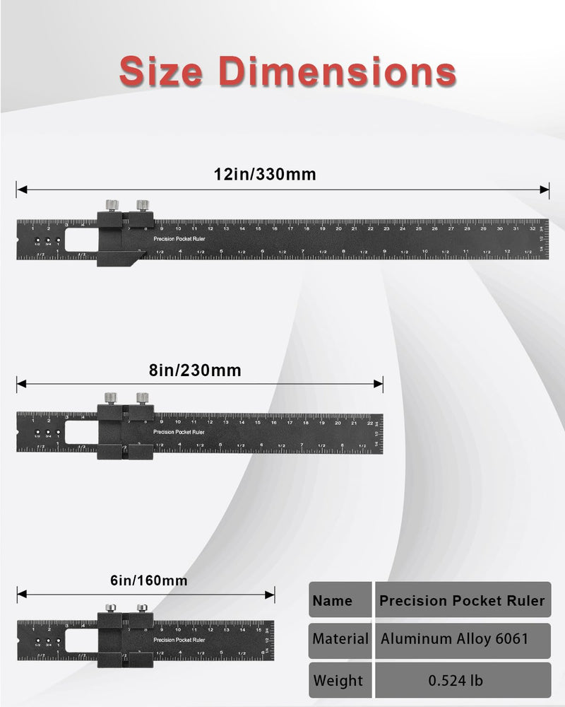 Woodworking Ruler Precision Pocket Rule - BOXmime 12,8,6 Inch Metal Slide Stop Marking Ruler Metric Inch Measuring Wood Working Scribing Rulers - Engineers Woodwork Adjustable Sliding Ruler Black