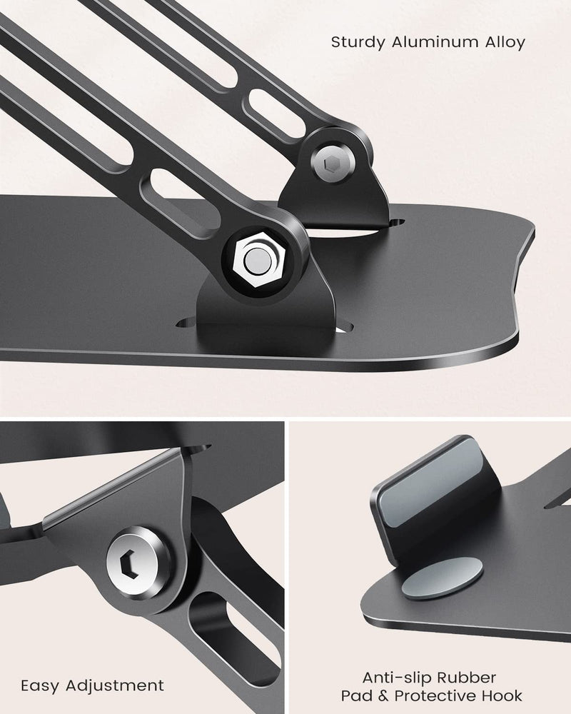 Laptop Stand, Adjustable Laptop Stand for Desk, Aluminum Computer Stand Portable Laptop Riser, Foldable Laptop Holder for Mac HP ASUS Acer Surface ThinkPad Dell Lenovo Black