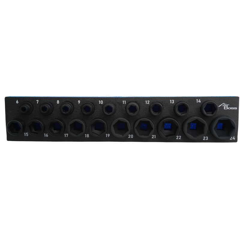 AIRBOSS SK-0015-S 3/8 Inch Drive Nano Stubby Impact Socket Set, 19-Piece Metric 6-24mm, 17mm Outside Hex, 0.88 Inch Low Profile, CR-MO Steel with Black Phosphate Finish
