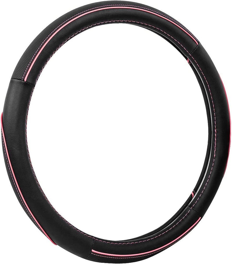 CAR Pass Colour Piping Leather Universal Fit Steering Wheel Cover, Perfectly fit for 14.5-15 inches Suvs, Vans, Trucks, Sedans, Cars (Black&Pink) Black&Pink