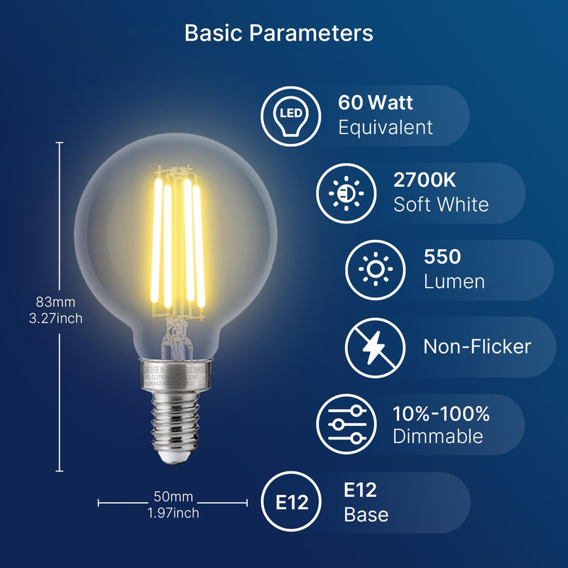 FLSNT 60W Equivalent LED Globe Candelabra Bulbs, Dimmable G16.5 LED E12 Chandelier Light Bulbs, 550LM, CRI90, 5.5W, AC 120V, 12 Pack, 2700K Soft White 60w Soft White 12 Count (Pack of 1)