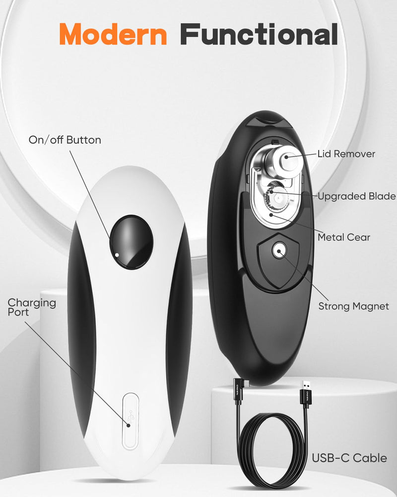 Electric Can Opener, Can Opener Electric Fits All Can Sizes, One Touch USB Rechargeable Automatic Can Opener for Kitchen and Seniors with Arthritis, Chef, Portable Kitchen Gadgets Black and White Electric