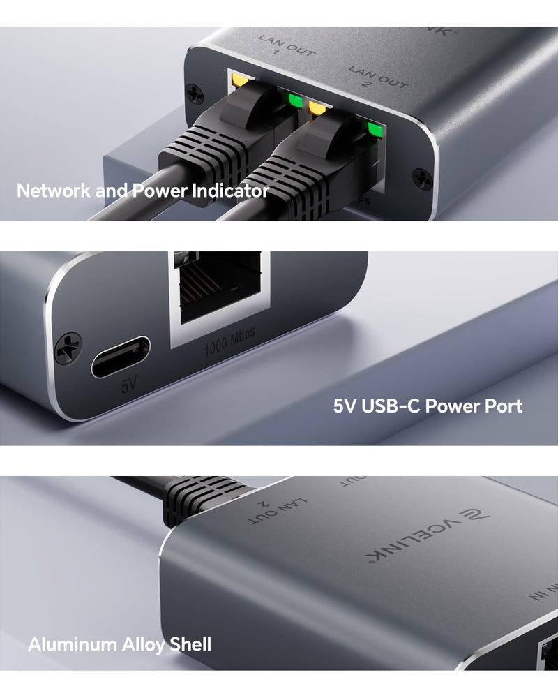 VCELINK Ethernet Splitter 1 to 2, 1000Mbps Ethernet Switch with USB Power Cable, Supports 2 Devices Simultaneously Networking, Compatible with Cat7/Cat6/Cat5, Ideal for PS5, Xbox, Smart TVs, Laptops