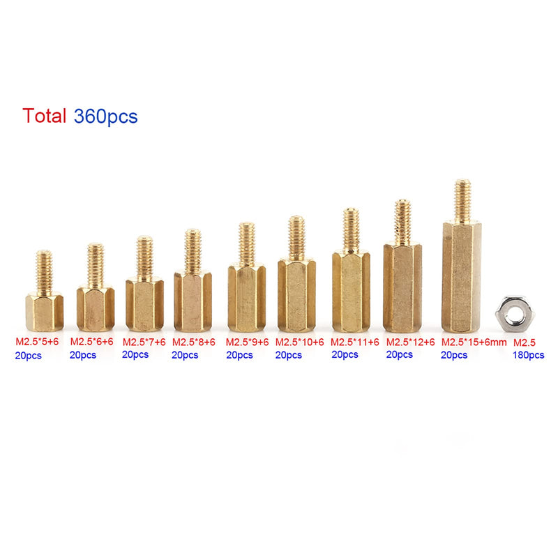 360pcs Hex Brass Standoff M2.5 Male-Female Threaded Spacer Standoff Screw Nut Pillar Standoff Assortment PCB Motherboard Assortment Kit Used in Machinery Industry, Electronic Industry