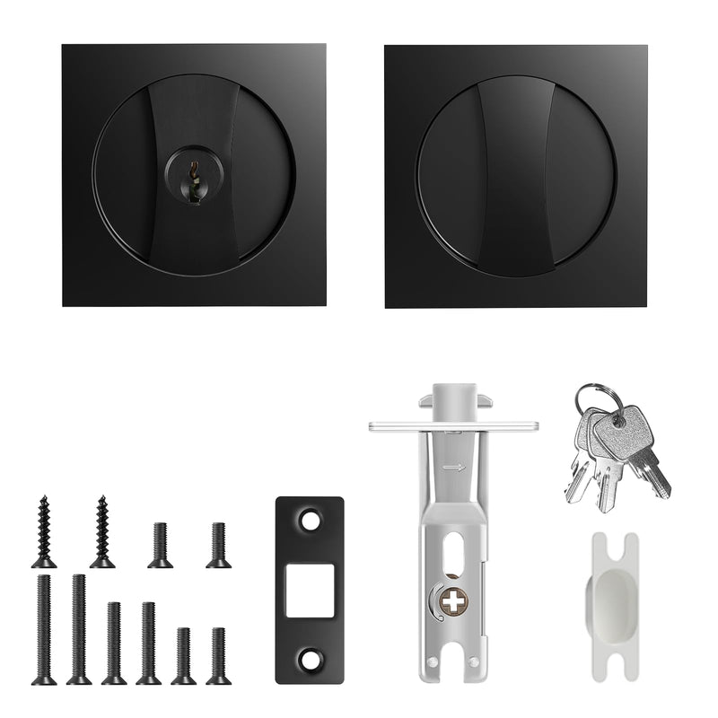 Square Door Hardware - Sliding Pocket Door Lock with Key, Flush Latch for Bed/Bath, Matte Black, 2-3/8" Backset Square Entrance