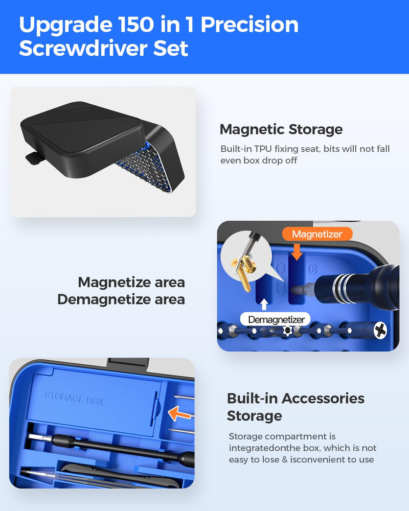 Precision Screwdriver Set, SOONAN 150 in 1 Electronics Tool Kit with 120 Bits Magnetic Screwdriver Set & 30-Bit Magnetic Set Handy Repair Tool for Computer Phone Watch Camera Laptop, Blue 150 in 1, Blue