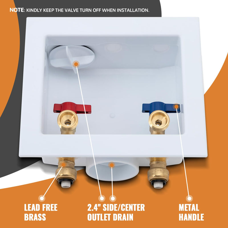 SUNGATOR Push-Fit Laundry Washer Valve Box, Washing Machine Outlet Box with Center Drain, 1/2 Inch Push-Fit Inlet x 3/4 Inch MHT Outlet, with 2 Disconnect Clips