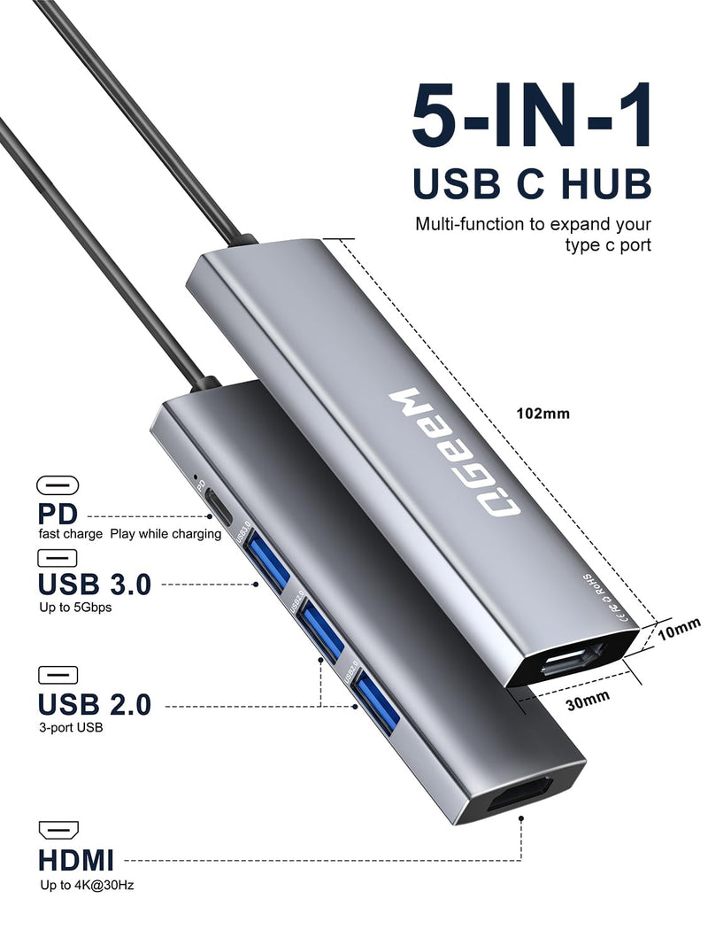 QGeeM USB C Hub 5 in 1 Multi-Port Digital AV Adapter 4K HDMI, 100W Power Delivery, 3 USB-A Data Ports, USB C Dongle for MacBook Pro/Air, iPad Pro, iMac, iPhone 15 Pro/Pro Max, XPS, Thinkpad and More.