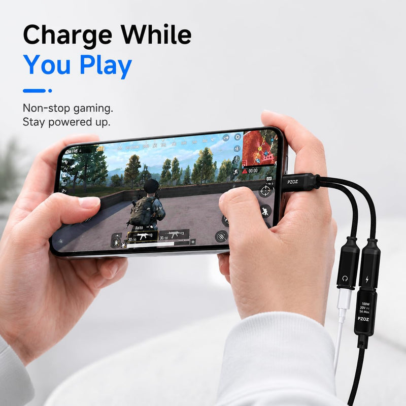 pzoz USB C Headphone Adapter, 100W Audio Charging Splitter for iPhone | 2-in-1 USB-C adapter lets you charge and use wired headphones at the same time, perfect for music, gaming and calls.