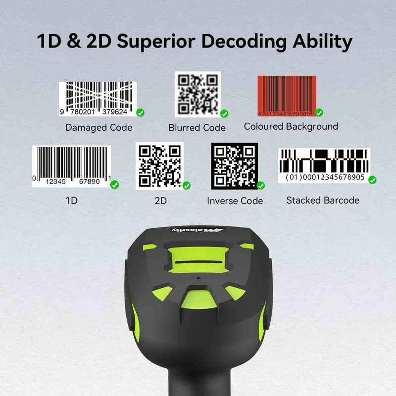 Alacrity Upgraded 2D Industrial Barcode Scanner with Wireless Charging Stand, 1968 Feet Transmission Distance 433Mhz Wireless & Bluetooth 2in1 Barcode Reader, Shock Dust Proof Hands Free, Green Chartreuse