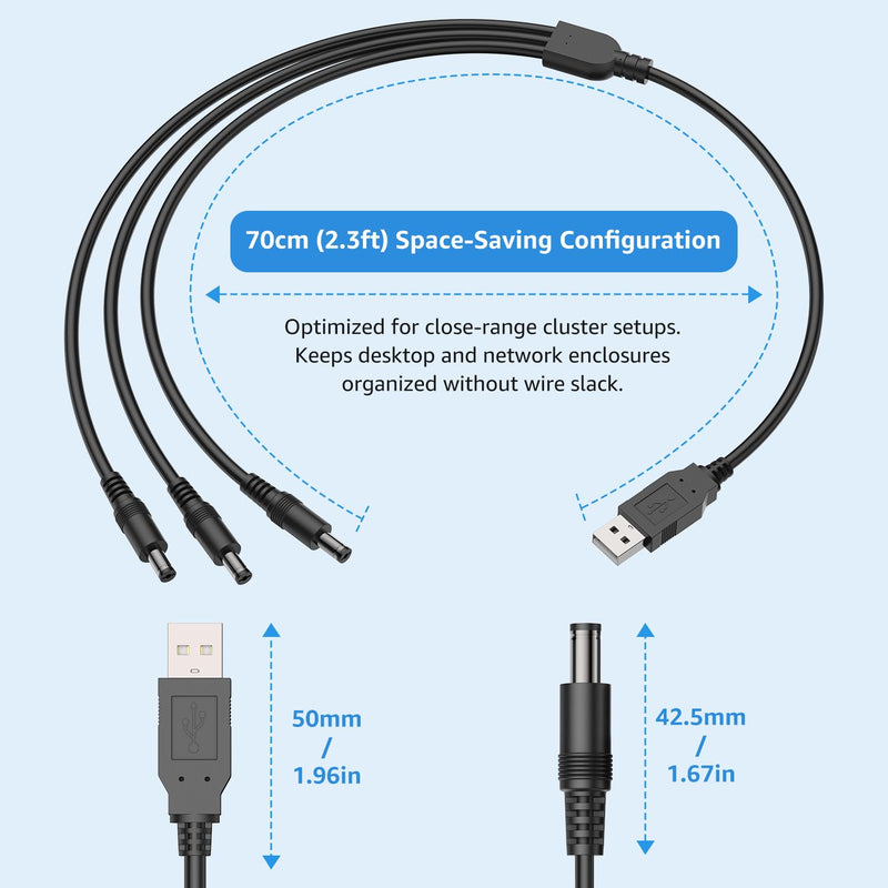 2.3ft 18AWG Parallel USB to Triple DC 5.5x2.1mm Splitter Cable | For powering three DC devices from a single USB port, mini routers, small desk fans, LED strip lights, compatible electronics Black USB to DC 1 to 3