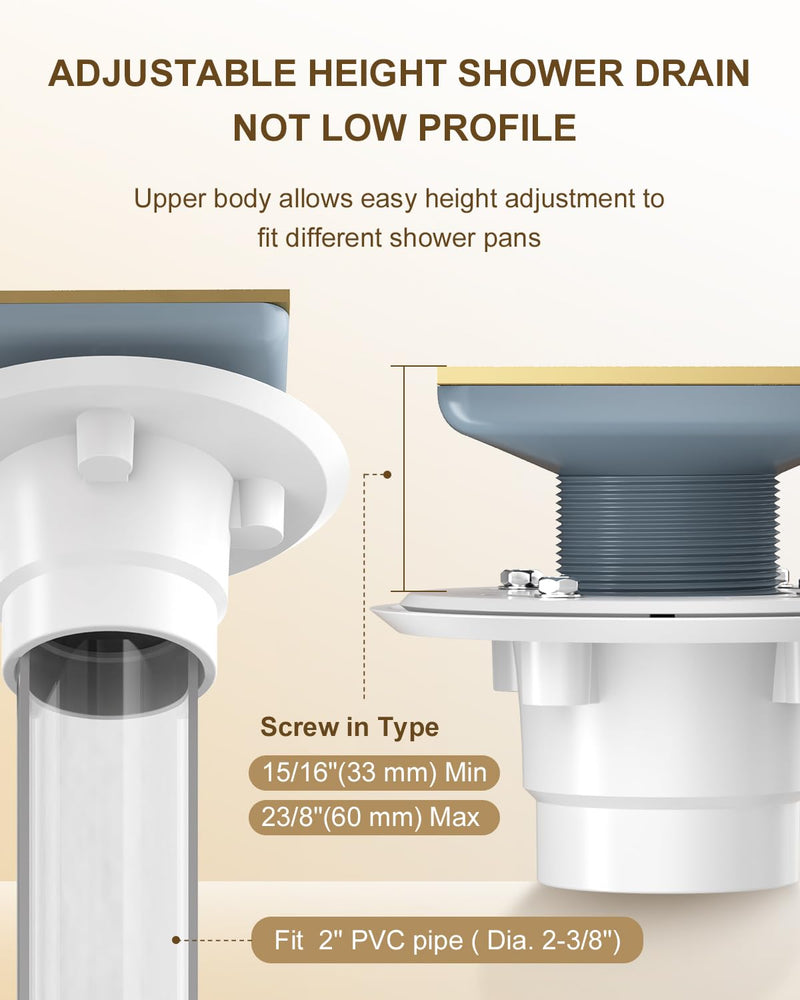4 Inch Tile-in Champagne Bronze Shower Drain Fit for 2" PVC Pipe (Dia. 2-3/8 in) Removable SUS304 Stainless Steel Strainer Cover with Copper Layer, Champagne Gold DT062412-CZ 2-Year Replacement