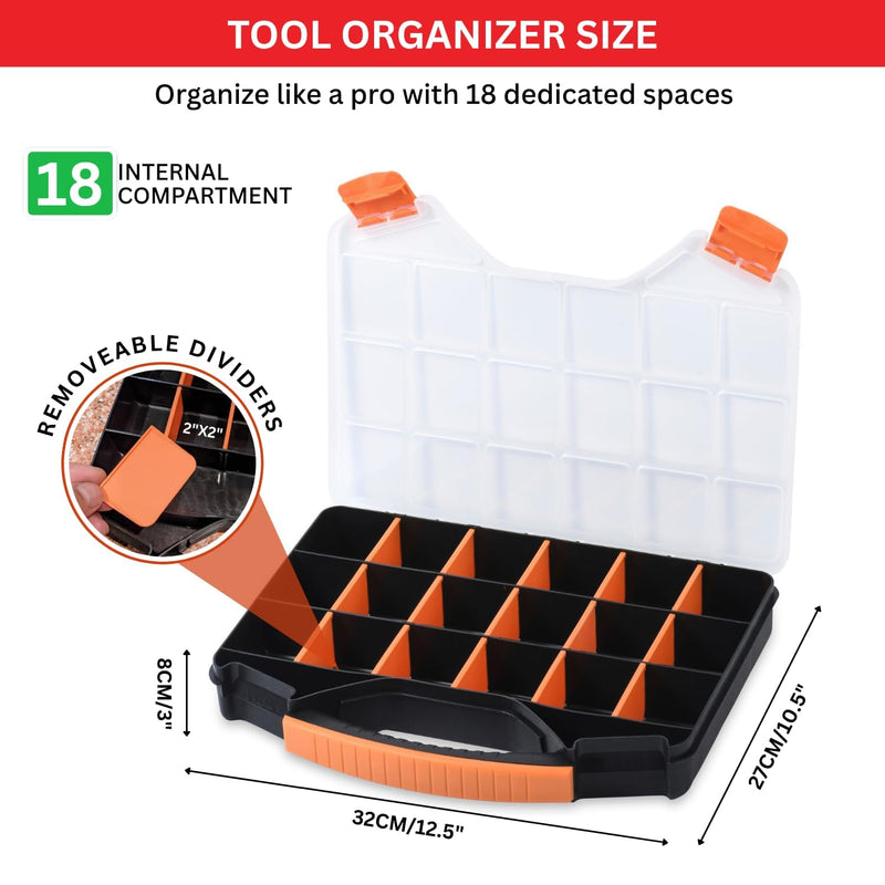 Andalus Tools Organizer Box, Small Parts Storage 18-Compartment Portable Hardware Organizer Removable Plastic Dividers for Screws, Nuts, Bolts, Nails – Orange (2 Pack, 12.75" x 10" x 1.75") 2 Pack (12.75 x 10 x 1.75 Inches)