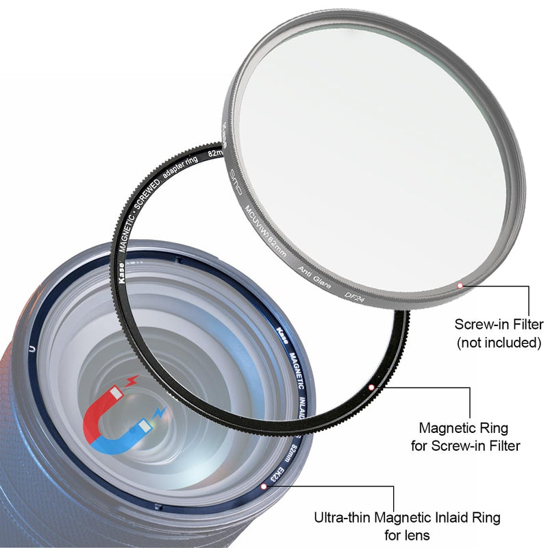 Kase 82mm Magnetic Inlaid Filter Adapter Ring Kit for Screw-in Filter | Convert 82mm Threaded Filter to Magnetic, Ultra-slim & Aluminum Alloy