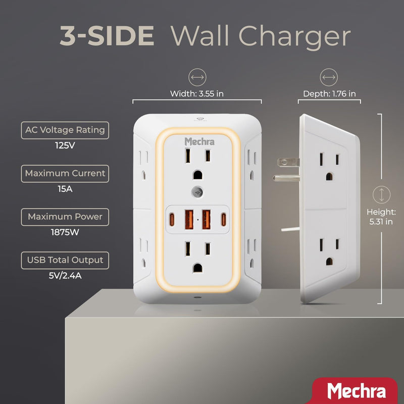10-in-1 Wall Outlet Extender with Night Light, 3-Sided Multi Plug Surge Protector (1050J), 6 Wide Spaced AC Outlets & 4 USB Ports, Wall Mount Wall Charger for Home, Office, School & Travel White Standard