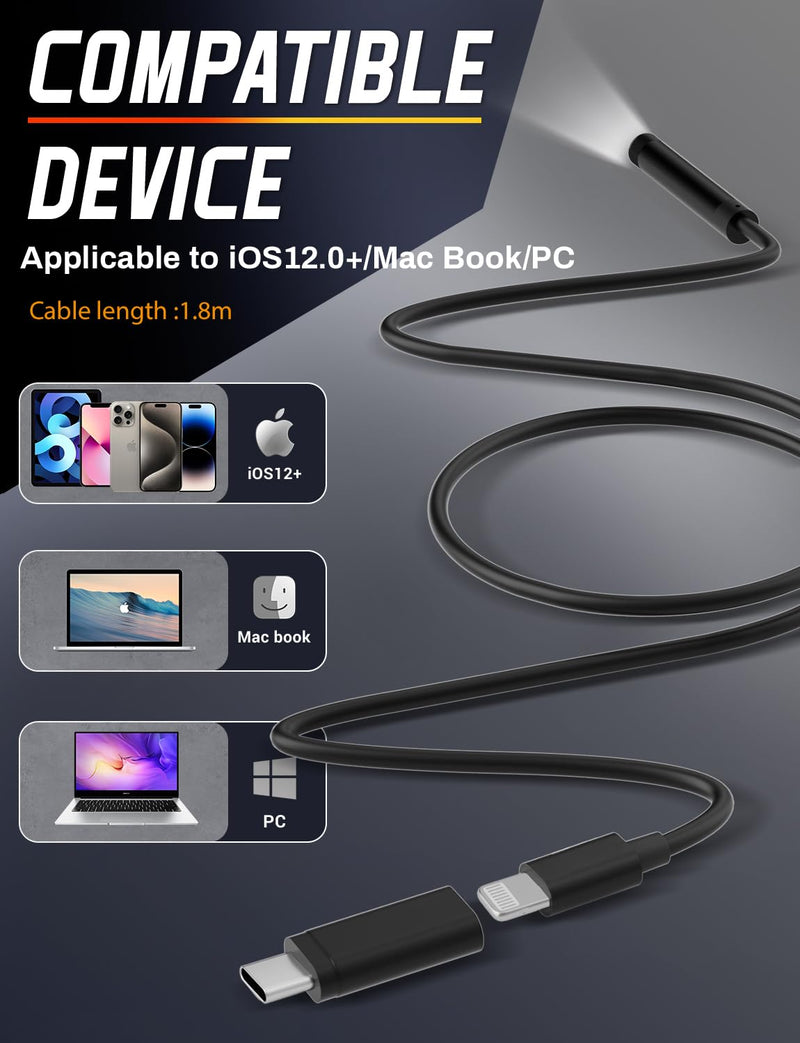 Endoscope Camera with Light 1920P HD, 6FT Semi-Rigid Snake, 8 Adjustable LED Light, 8mm IP67 Waterproof Inspection Camera for iOS