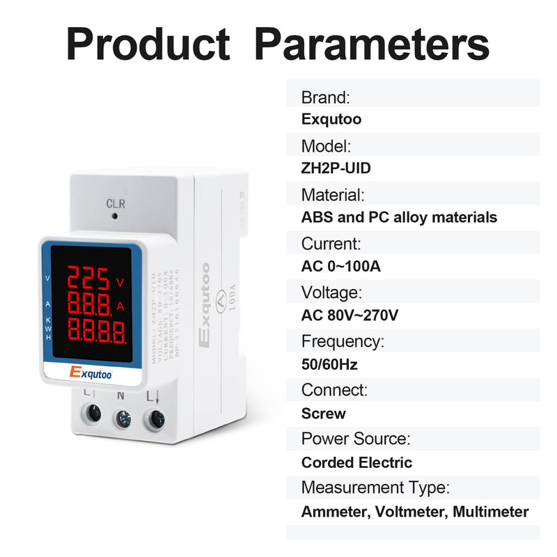Exqutoo Digital Display Energy Meter - AC Rail-Mounted Meter Electricity Usage Monitor for Voltage, Current, and Energy Consumption Measurement - GT2P-UID, AC 80~270V, 0~100A, 50/60Hz 3 Functions Digital Display