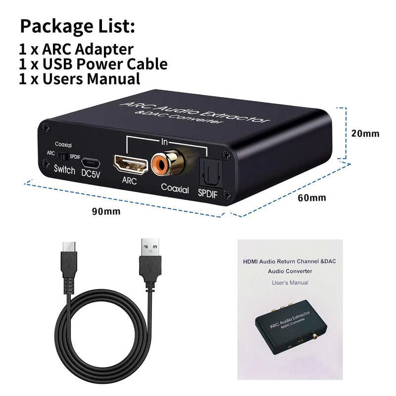 HDMI ARC Audio Extractor 192KHz Digital to Analog Audio Converter HDMI ARC Input SPDIF Optical to 3.5mm RCA Converter Optical Coaxial Stereo Adapter with 3 Mode Switch HDMI ARC Adapter 1