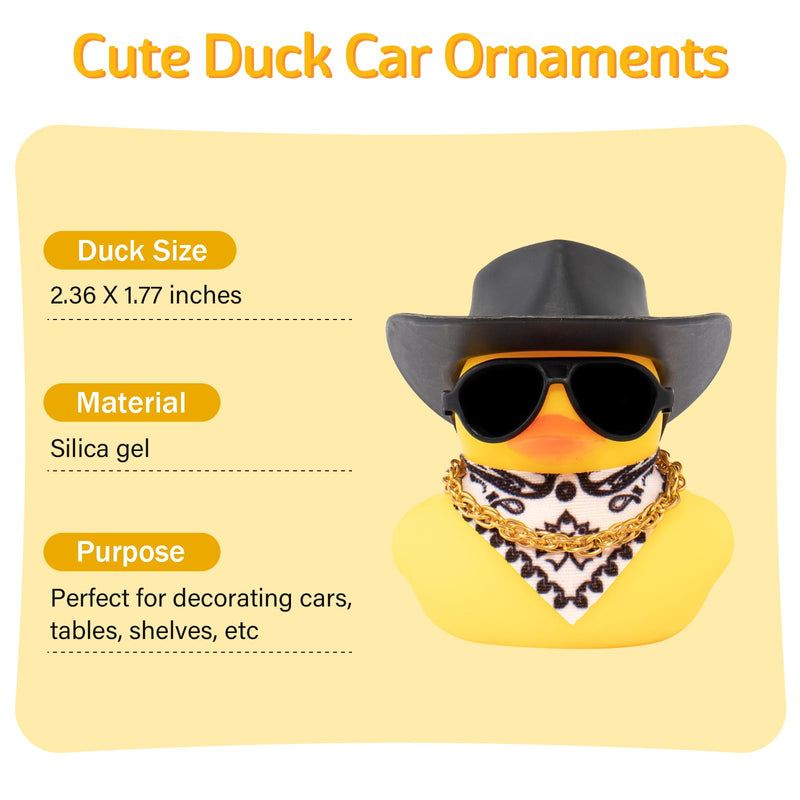 wonuu Car Rubber Duck, Yellow Duck Decoration Dashboard with Sun Hat Necklace Sunglasses for Car Dashboard Decorations, C-Duck-Black Cowboy Hat-Scarf