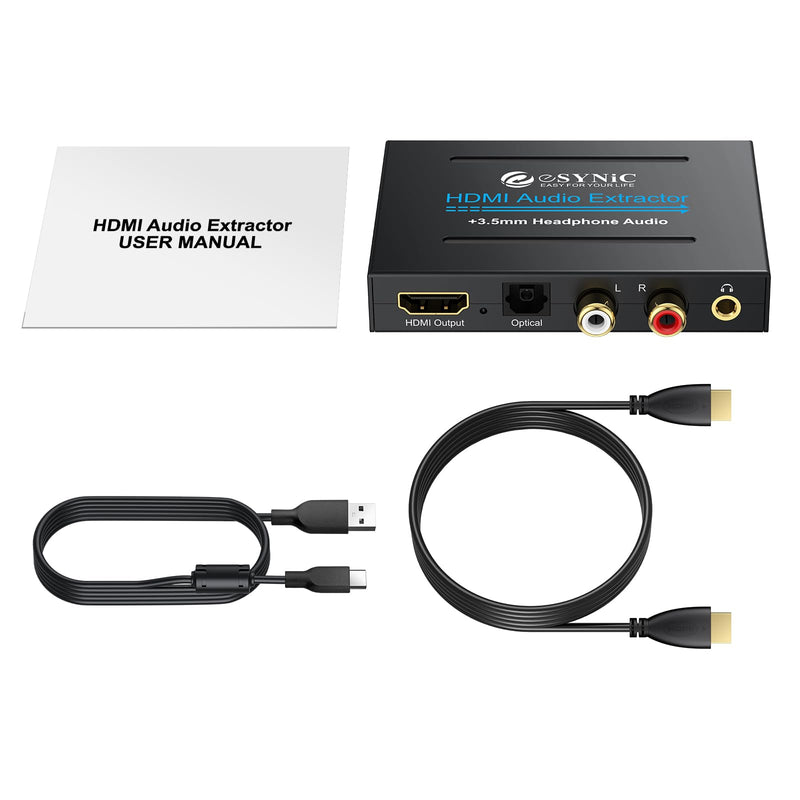 eSynic Portable 4K@30Hz HDMI Audio Extractor-No ARC/eARC & Not from HDTV to Soundbar-Easy to Setup-Metal Shell-for Gaming Consoles/Fire TV Stick to HDMI Monitor & Optical or 3.5MM & L/R Audio System