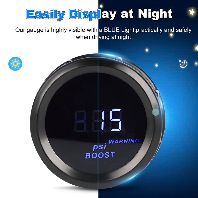 WATERWICH Turbo Boost Gauge PSI DC12V 2" 52mm Meter Kit with Boost Sensor for Car Truck Vehicle Automotive