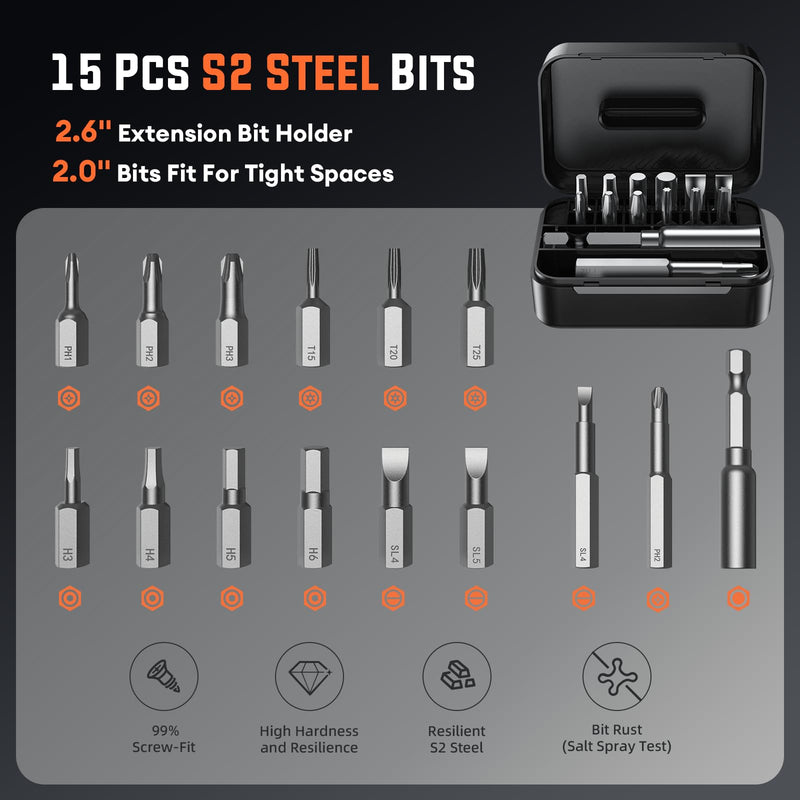 Electric Screwdriver Set - 4V Cordless Screwdriver Rechargeable 2500mAh - 5 Torque Settings Power Screwdriver 250RPM 5N·m Max - Tools for Furniture Electrical Repairs - LED, 15 S2 Metal Bit, 1/4" Hex