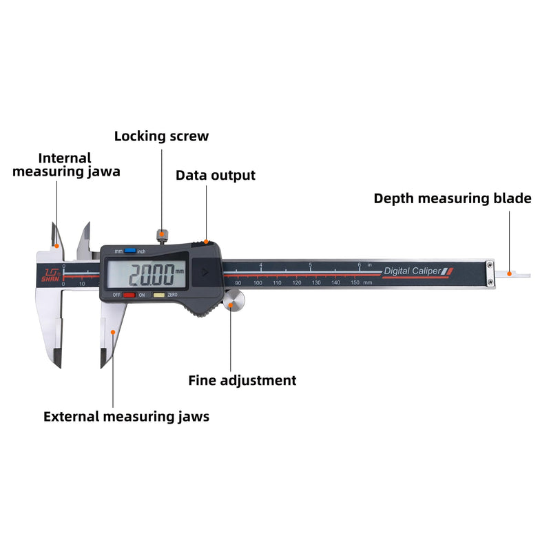 Digital Caliper, 0-6 Inch/150mm Stainless Steel Vernier Caliper Digital Micrometer with Large Screen, Easy Switch from Inch Metric Fraction, Equipped with A Data Output Port 131-320N