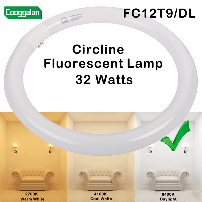 FC12T9/DX 32W 12 inch T9 Circular Light Bulb Daylight, Round Fluorescent Circline Bulbs FC12 T9 32 Watts Kitchen and Bath, G10q 4 Pin Prong, 6500K, 2 Pack
