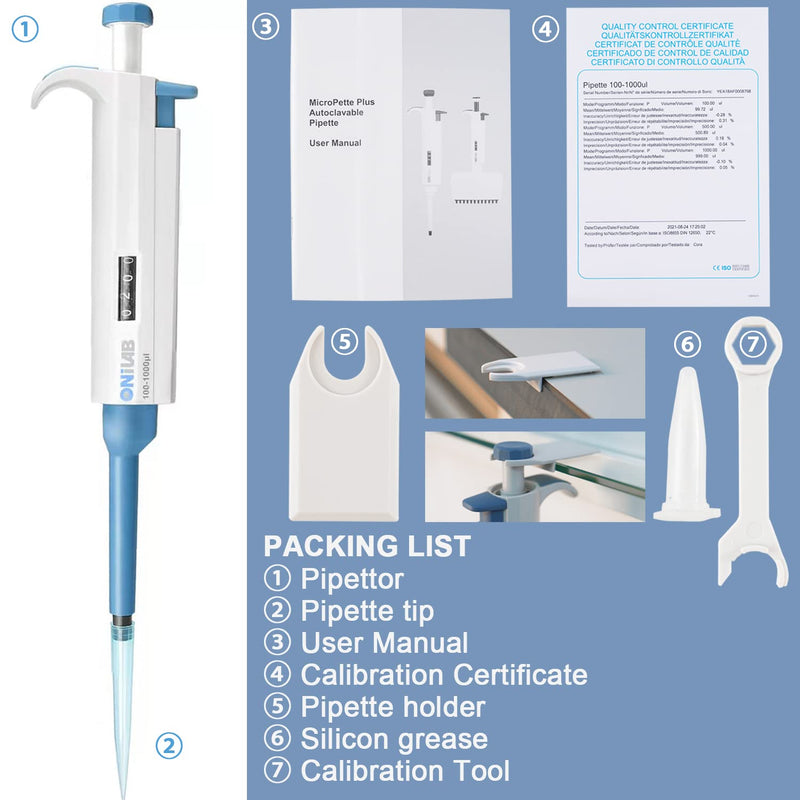ONiLAB Lab Micropipette, Adjustable Volume Single Channel Pipettors,100-1000ul 100-1000ul