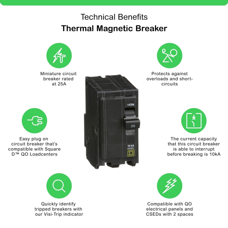Square D QO225 Circuit Breaker, 25A, 2P, 10Ka, 120/240Vac