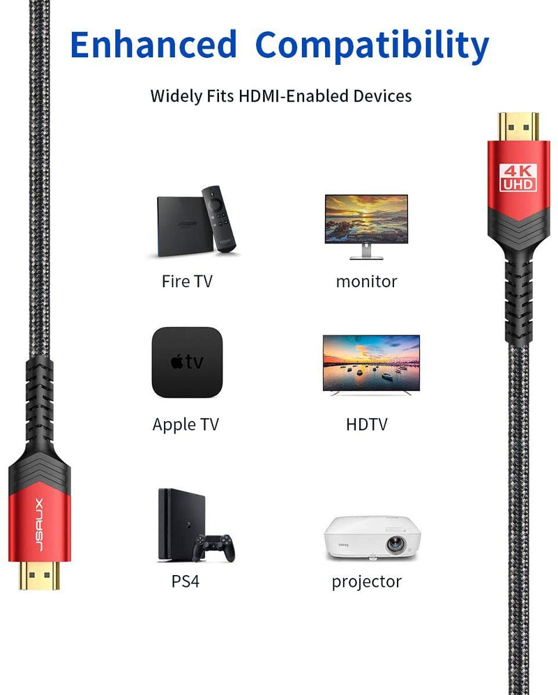 4K Long HDMI Cable 2 Pack 25 ft, JSAUX 18Gbps High Speed HDMI 2.0 Braided Cord, 4K 60Hz HDR, 2K 1440P 144Hz, 1080p, HDCP 2.2, 3D, ARC, Ethernet Compatible with Monitor Smart TV PC PS5 PS4 Blu-ray -Red Standard 25ft Red