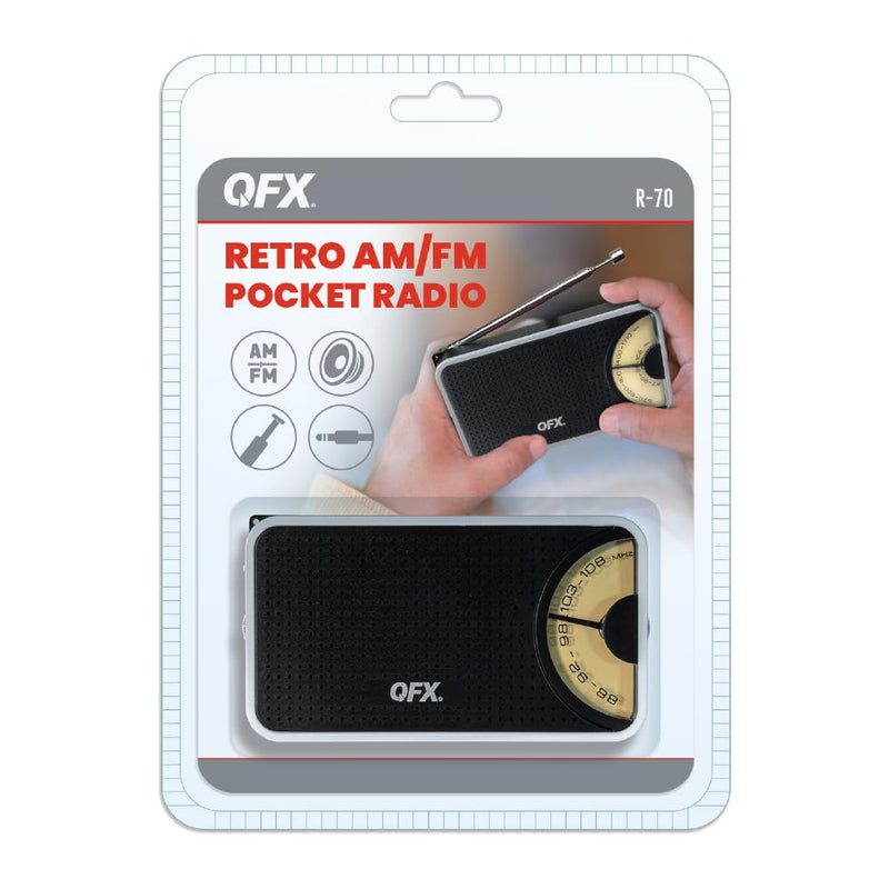 QFX Retro Pocket Portable AM FM Radio with Telescoping Antenna, R-70 | Analog Tuning, Built-In Speaker, Earphone Jack, Thumbwheel Volume Control, Battery Operated