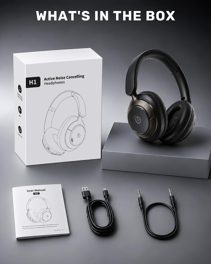 Boean Active Noise Cancelling Headphones, Bluetooth 6.0 Wireless Over Ear Headphones with 120H Playtime, 360° Spatial Audio & 5 ENC Mics, Soft Memory Foam, Transparency Mode for Office Travel Gaming Black