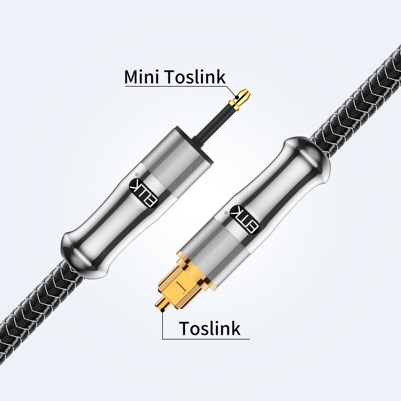 EMK 24K Gold-Plated Toslink to Mini Toslink Cable (6ft/2M) - Digital Optical Audio Cable with 3.5mm Mini Plug for Soundbar, Home Theater, TV - Silver SPDIF Fiber Optic Cable 6 Feet/2M 3.5MM Mini Toslink