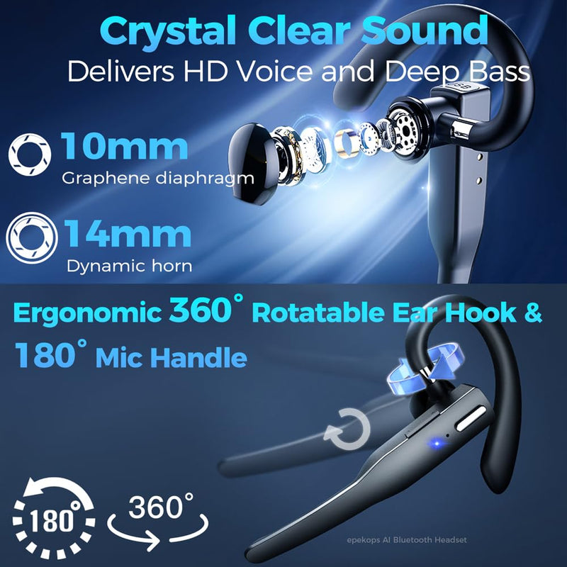 AI Bluetooth Headset Wireless Bluetooth Headphone Earphone Earpiece with Translation, Noise Cancelling, Last 72H, Single-Ear Earbuds with Microphone, for Phone/PC/Laptop, Daily/Office/Trucker Classic Black