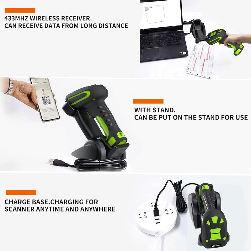 Alacrity 2D Industrial Wireless Barcode Scanner with Charging Stand, Bluetooth Drop Resistant, 1968 Feet Transmission Distance 433Mhz QR 1D Bar Code Reader Green