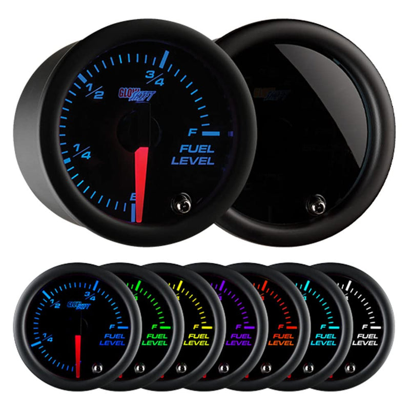 GlowShift Tinted 7 Color Adjustable Fuel Level Gauge - Black Dial - Smoked Lens - for Gas & Diesel Vehicles - 2-1/16" 52mm