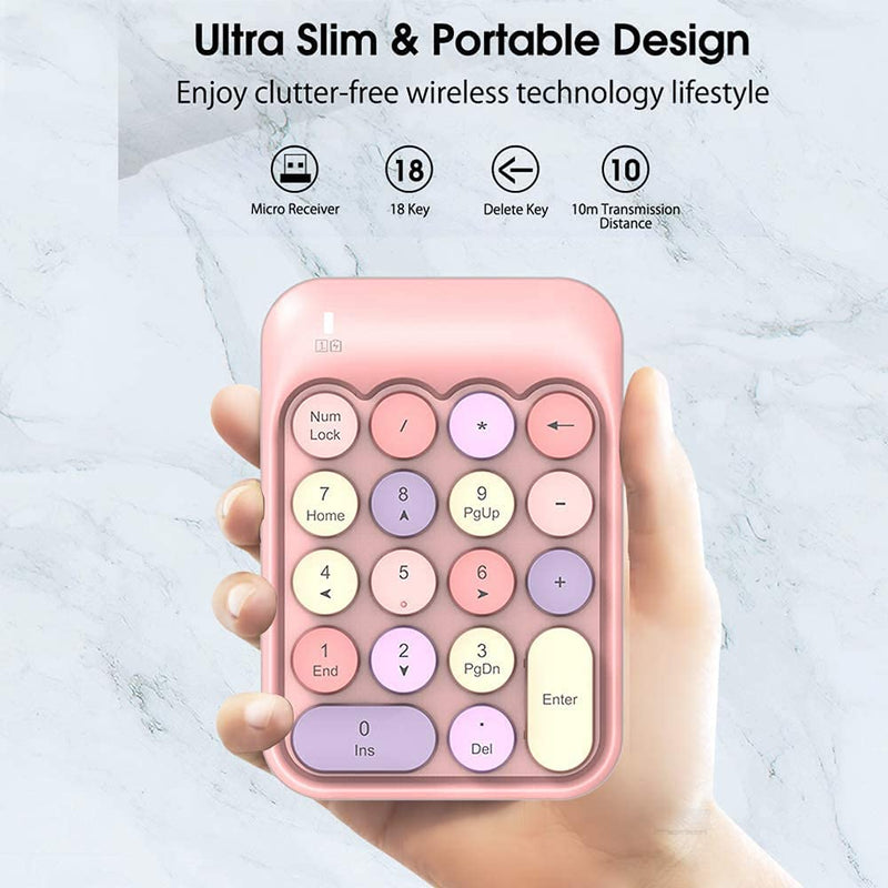 FELICON Wireless Numeric Keypad 18 Keys with 2.4G Mini Portable Silent Number Pad USB Receiver Financial Accounting Keyboard Extensions for Laptop Desktop PC Pro（Pink Mix） Pink Mix