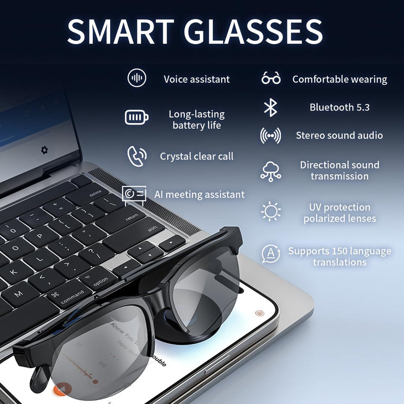 AI Smart Bluetooth Glasses w/150+ Real-Time Translation Voice Assistant & HandsFree Call HD Audio Wireless Glasses for Travel Business Unisex Lightweight Design (Men & Women)