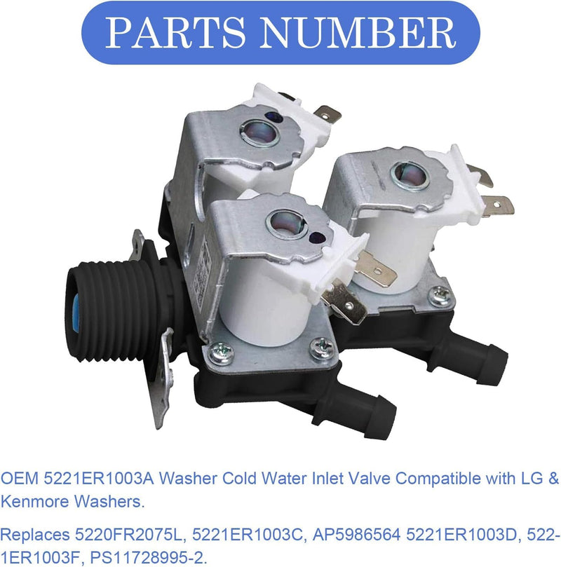 OE.M 5221ER1003A 5220FR2075L Water Inlet Valve Replacement for LG Tromm & Ken.more Front Load Washers - Replaces 5221ER1003C 5221ER1003D Assembly by TOMOON