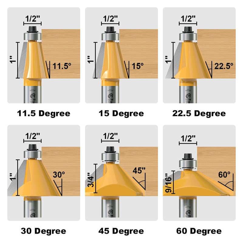 FivePears 6 PCS Chamfer Router Bit Set 1/2 Inch Shank, Edge Forming Bevel Carbide Tipped Router Bit with Bearing, Miter Angle Milling Cutters Tool, Including 11.25, 15, 22.5, 30, 45, 60 Degree 6 PCS Set - 1/2" Shank Multiple Angles (11.25°-60°)